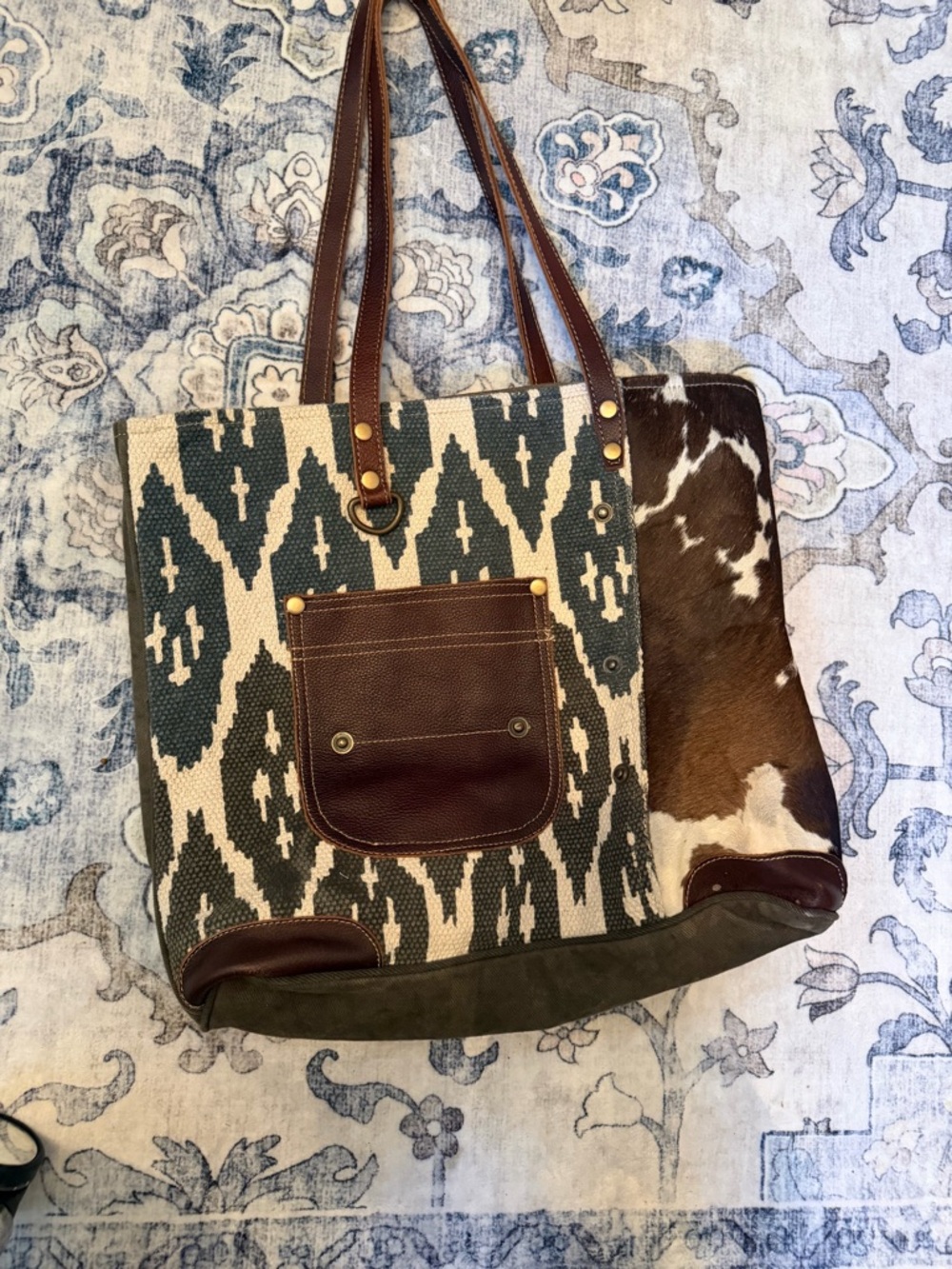 Myra Woven Pattern Canvas & Cowhide Tote Bag with Brown Leather Trim
